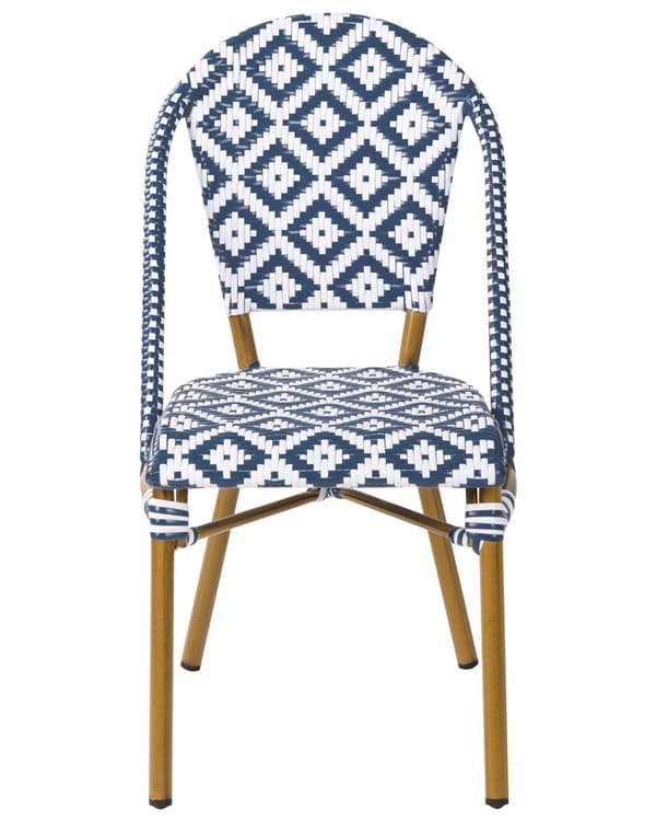 Havestole Natur Beige Blå Hvid PE Rattan Sæt 4 stk Stabelstole med Armlæn Stole til Udendørs Terrasse Have Indretning Retro Firkantet Mønster