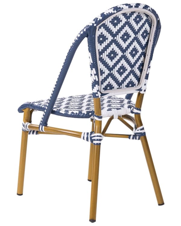 Havestole Natur Beige Blå Hvid PE Rattan Sæt 4 stk Stabelstole med Armlæn Stole til Udendørs Terrasse Have Indretning Retro Firkantet Mønster