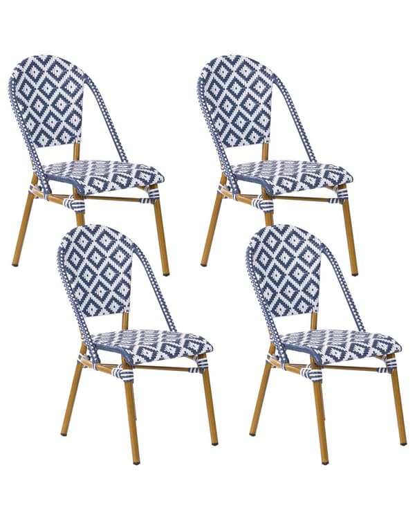 Havestole Natur Beige Blå Hvid PE Rattan Sæt 4 stk Stabelstole med Armlæn Stole til Udendørs Terrasse Have Indretning Retro Firkantet Mønster