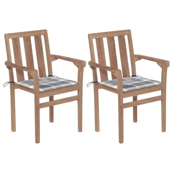 vidaXL Trädgårdsstolar 2 st med dynor grått rutmönster massiv teak