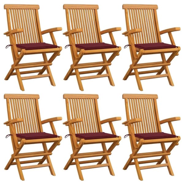 vidaXL Trädgårdsstolar med vinröda dynor 6 st massiv teak