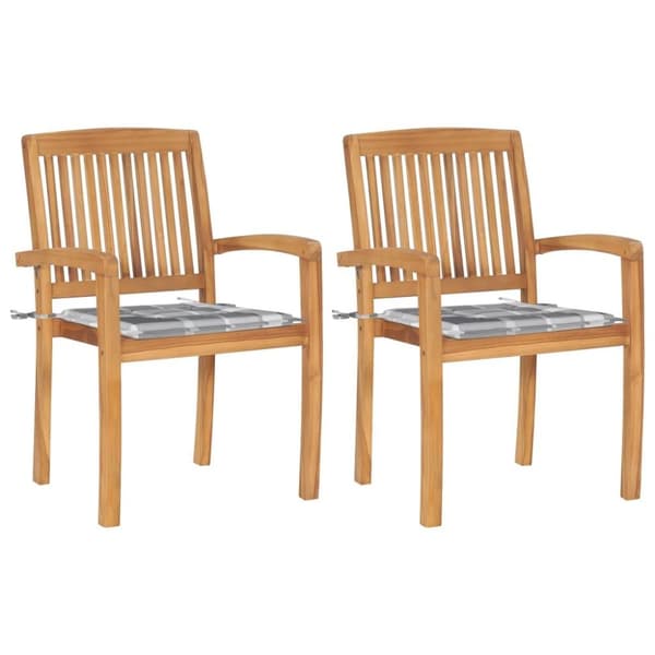 vidaXL Trädgårdsstolar 2 st med grårutiga dynor massiv teak