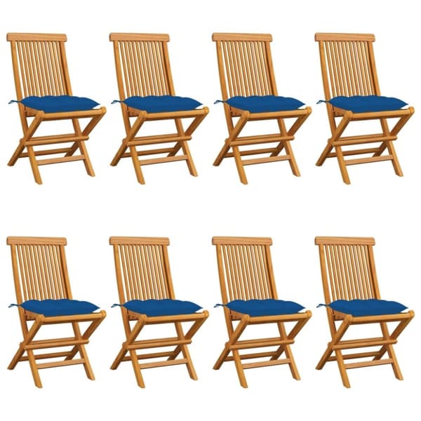 vidaXL Trädgårdsstolar med blå dynor 8 st massiv teak