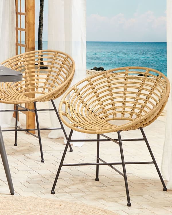 Havestole Beige Rattan og Sort Pulverlakerede Stålben sæt 71 x 80 cm Udendørs Altan Cafe Lounge med Retro Rund Flet Moderne Boho Design