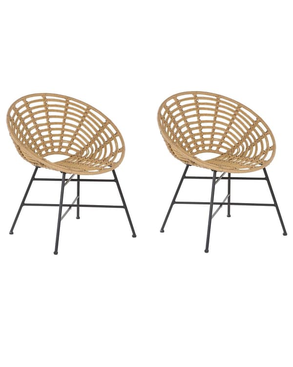 Havestole Beige Rattan og Sort Pulverlakerede Stålben sæt 71 x 80 cm Udendørs Altan Cafe Lounge med Retro Rund Flet Moderne Boho Design
