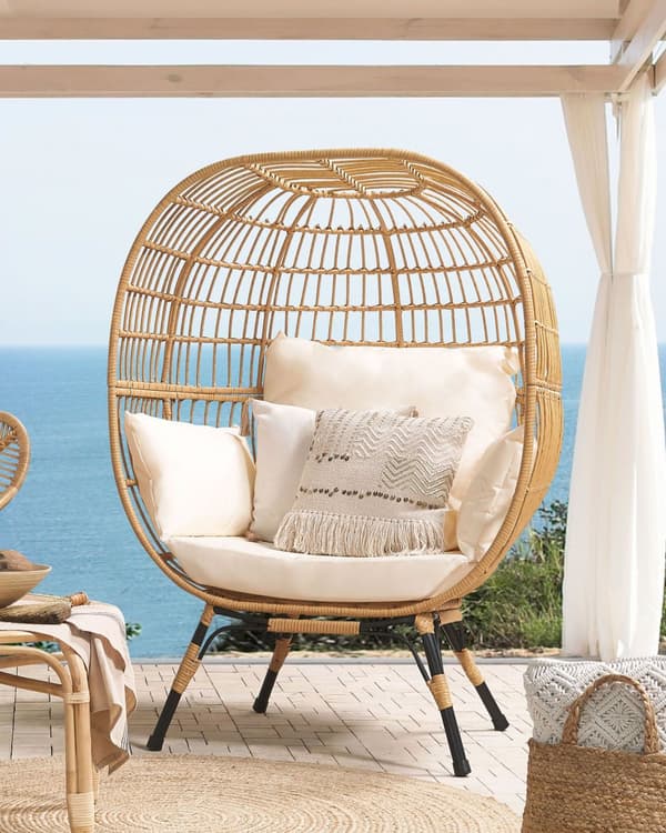Kurve Stol Rattan Naturfarve Sort Jernben Beige Siddepuder Højt ryglæn Dupsko Boho Kokon Haveterrasse Stue