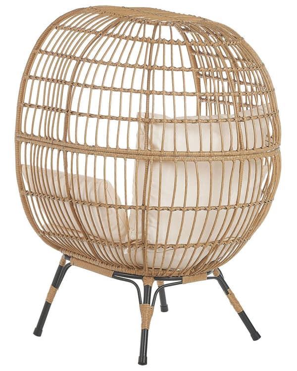 Uteplats Korgstol Rotting Naturlig Svarta Järnben Beige Sits Kuddar Högt Ryggstöd Benmössor Boho