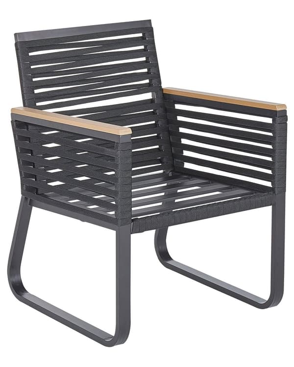 Havestole Sort Metalstel og Lyst Træplast Sæt 83 x 65 x 60 cm Flet Stole Udendørs med Armlæn Moderne Bløde Hynder Aftagelige Betræk Tilbehør