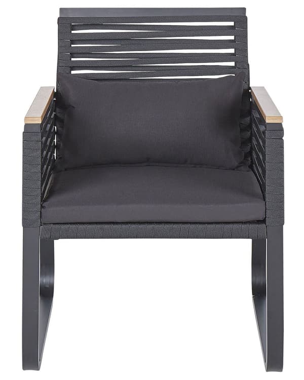 Havestole Sort Metalstel og Lyst Træplast Sæt 83 x 65 x 60 cm Flet Stole Udendørs med Armlæn Moderne Bløde Hynder Aftagelige Betræk Tilbehør