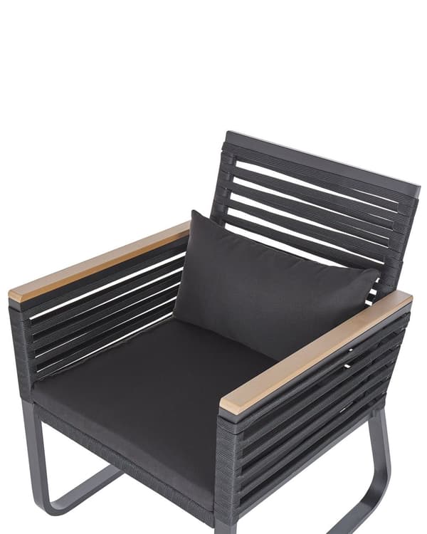 Havestole Sort Metalstel og Lyst Træplast Sæt 83 x 65 x 60 cm Flet Stole Udendørs med Armlæn Moderne Bløde Hynder Aftagelige Betræk Tilbehør