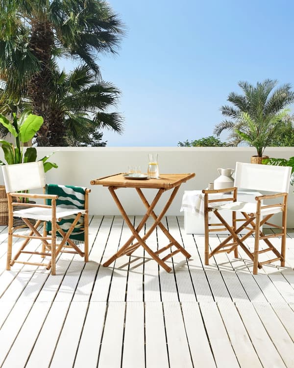 Instruktørstole Hvid Polyester Lyst Bambustræ Sæt 2 stk Udendørs Sammenklappelige Klapstole til Terrasse Have Design Foldbar Havestole Dekor