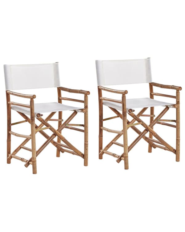 Instruktørstole Hvid Polyester Lyst Bambustræ Sæt 2 stk Udendørs Sammenklappelige Klapstole til Terrasse Have Design Foldbar Havestole Dekor