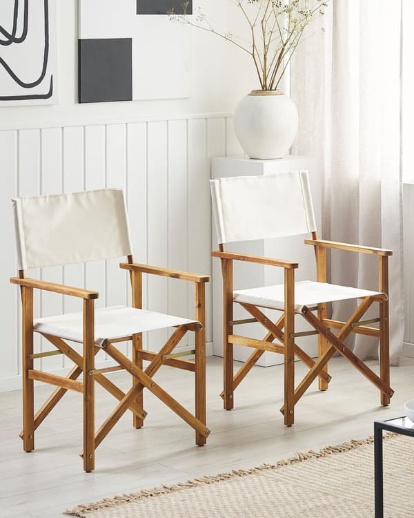2 st Regissörsstolar Ljust Akaciaträ med Off-White Tyg Hopfällbar
