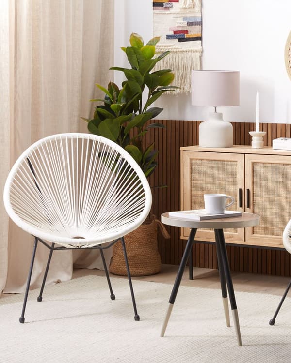 Havestole Hvid Rattan og Sort Pulverlakerede Stålben sæt 70 x 90 cm Udendørs Altan Stabelbar Lounge med Dupper Retro Rund Flet Moderne Design