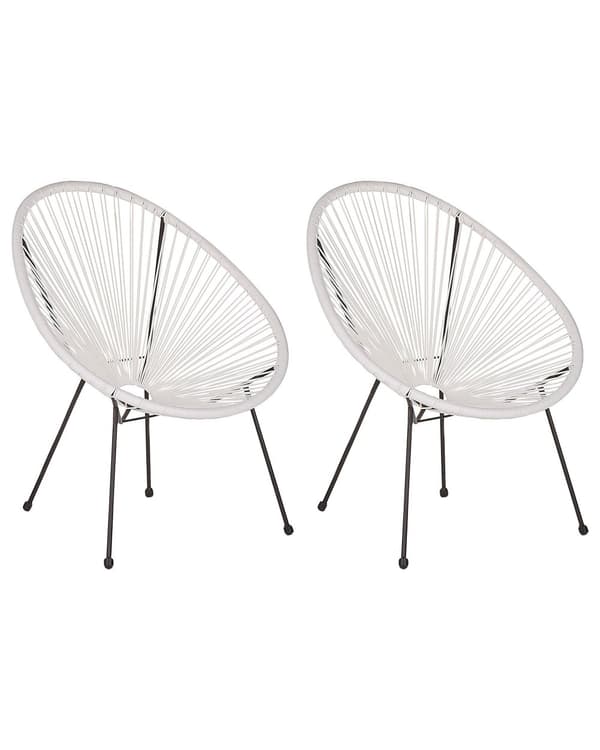 Havestole Hvid Rattan og Sort Pulverlakerede Stålben sæt 70 x 90 cm Udendørs Altan Stabelbar Lounge med Dupper Retro Rund Flet Moderne Design