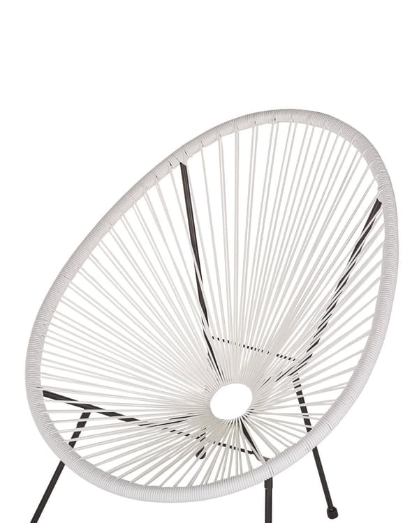 Havestol Hvid Rattan og Sort Pulverlakeret Stålben 70 x 90 cm Udendørs Altan Stabelbar Lounge med Dupper Retro Rund Flet Moderne Design