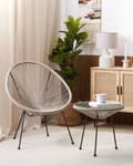 Miniatyrbillede 4 af 10: Havestole Lysegrå Rattan Sort Pulverlakerede Stålben sæt 70 x 90 cm Udendørs Altan Stabelbar Lounge med Dupper Retro Rund Flet Moderne Design