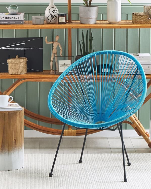 Havestol Blå Rattan med Sort Pulverlakeret Stålben 70 x 90 cm Udendørs indendørs med Dupper Retro Rundt Flet Dyb Sæde Moderne Design