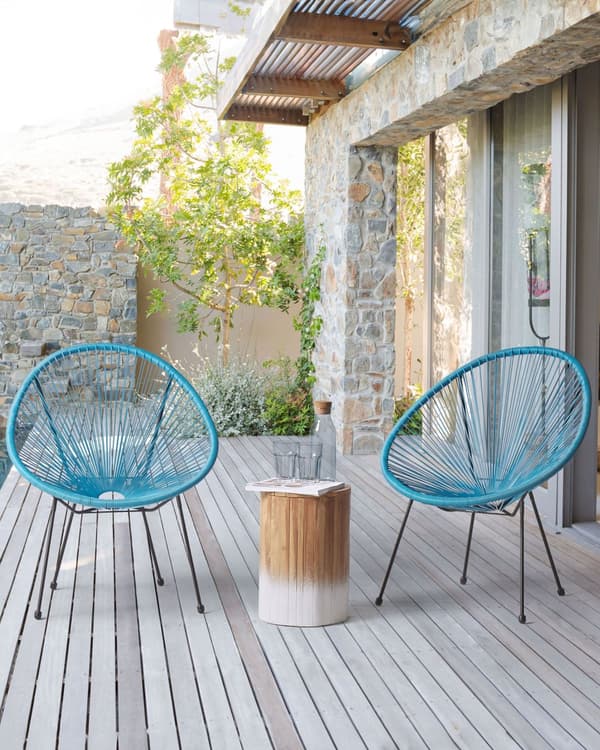 Havestole Blå Rattan med Sort Pulverlakerede Stålben sæt 2 personers 70 x 90 cm Udendørs Indendørs med Dupper Retro Rundt Flet Moderne Design