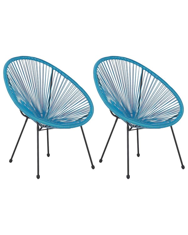 Havestole Blå Rattan med Sort Pulverlakerede Stålben sæt 2 personers 70 x 90 cm Udendørs Indendørs med Dupper Retro Rundt Flet Moderne Design