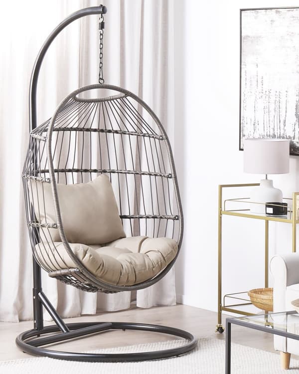 Hängstol Beige Konstrotting Metallstativ Mjuk Kudde Boho Rustik