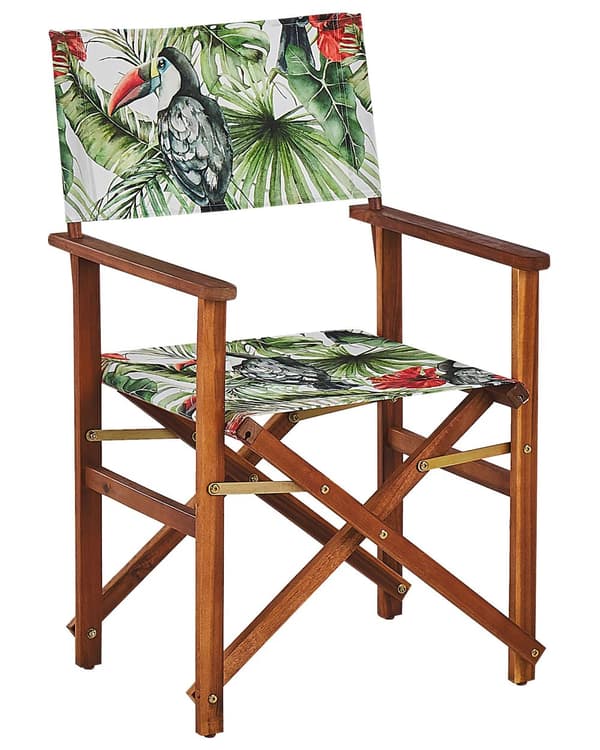 Puutarhatuoli tumma akaasia 50 x 91 x 50 cm luonnonvalkoinen / tukaanikuvio vaihtokangas 2 kpl kokoontaitettava