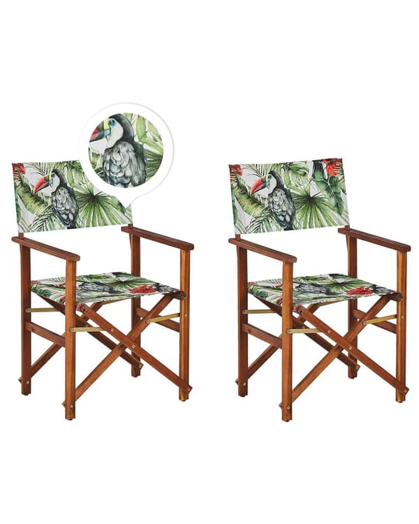Puutarhatuoli tumma akaasia 50 x 91 x 50 cm luonnonvalkoinen / tukaanikuvio vaihtokangas 2 kpl kokoontaitettava