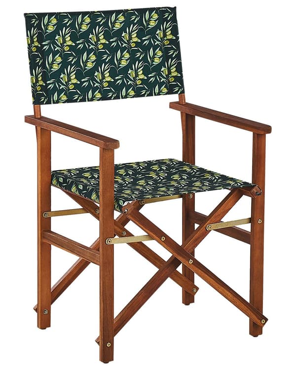 Puutarhatuoli tumma akaasia 50 x 91 x 50 cm luonnonvalkoinen / oliivikuvio vaihtokangas 2 kpl kokoontaitettava