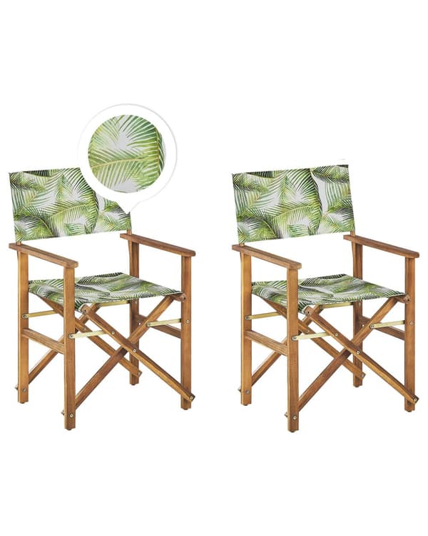 Puutarhatuoli vaalea akaasia 50 x 91 x 50 cm luonnonvalkoinen / palmunlehtikuvio vaihtokangas 2 kpl kokoontaitettava