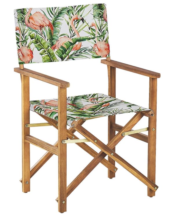 Puutarhatuoli vaalea akaasia 50 x 91 x 50 cm luonnonvalkoinen / flamingokuvio vaihtokangas 2 kpl kokoontaitettava