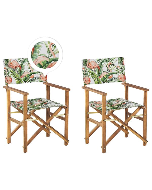 Puutarhatuoli vaalea akaasia 50 x 91 x 50 cm luonnonvalkoinen / flamingokuvio vaihtokangas 2 kpl kokoontaitettava