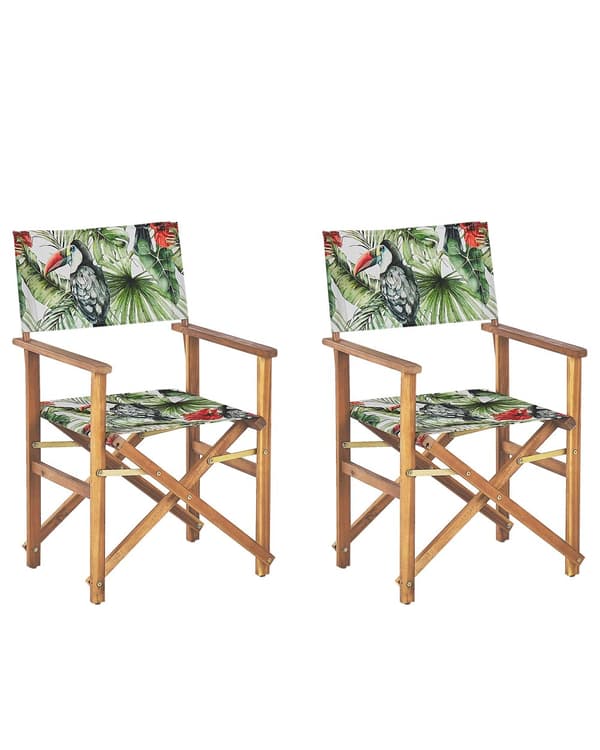Puutarhatuoli vaalea akaasia 50 x 91 x 50 cm luonnonvalkoinen / tukaanikuvio vaihtokangas 2 kpl kokoontaitettava