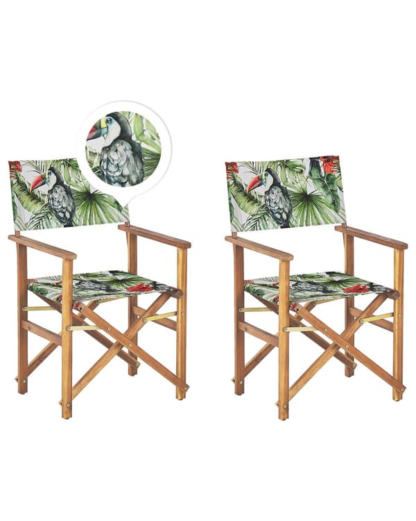Uppsättning av 2 Solstolar Mörkt Akaciaträ Ram Flamingo Motiv Tyg Justerbar Hopfällbar