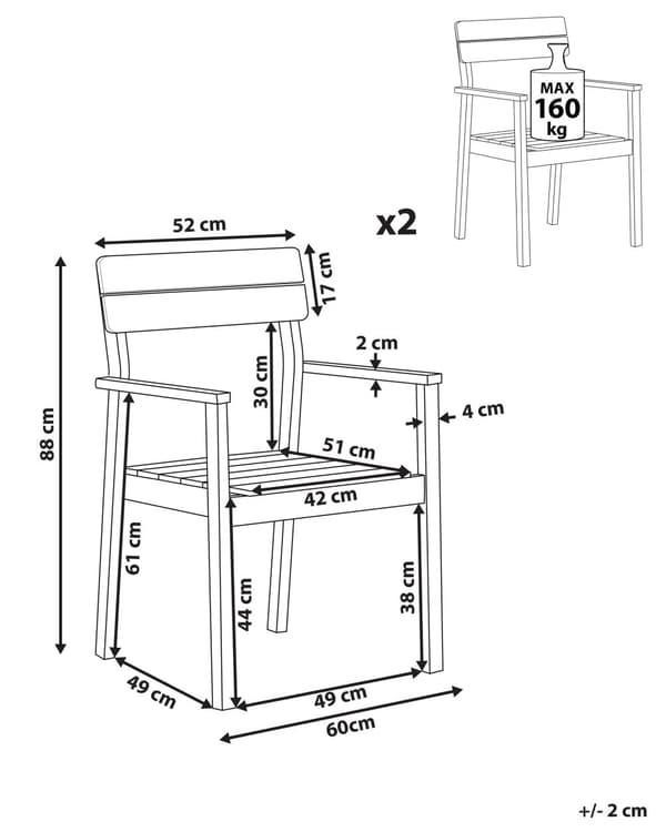 Havestole Lyst Akacietræ Sæt 88 x 52 x 60 cm Stole med Arm til Have Terrasse Altan Udendørs Rustik stil Vejr Bestandig UV og Regn