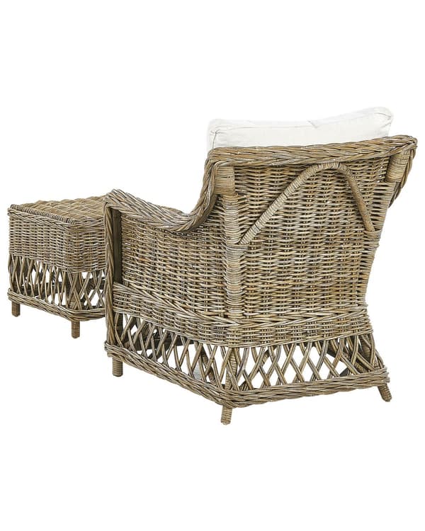 Havestole Sæt Beige Natur Rattan Træ Flettet Havelænestole med Fodskamler Hynder UV Bestandige Loungestole Udendørs til Terrasse Stue