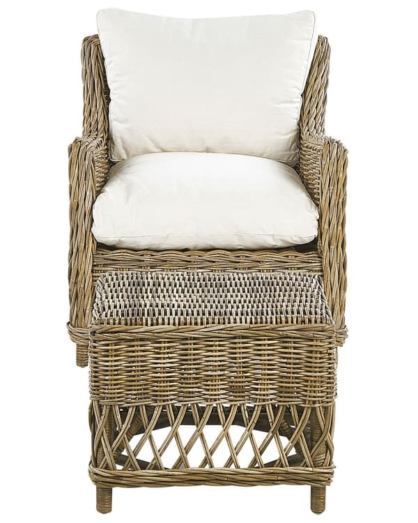 Havestol Beige Natur Rattan Træ Flettet Havelænestol med Fodskammel Hynder UV Bestandig Loungestol Udendørs til Terrasse Stue