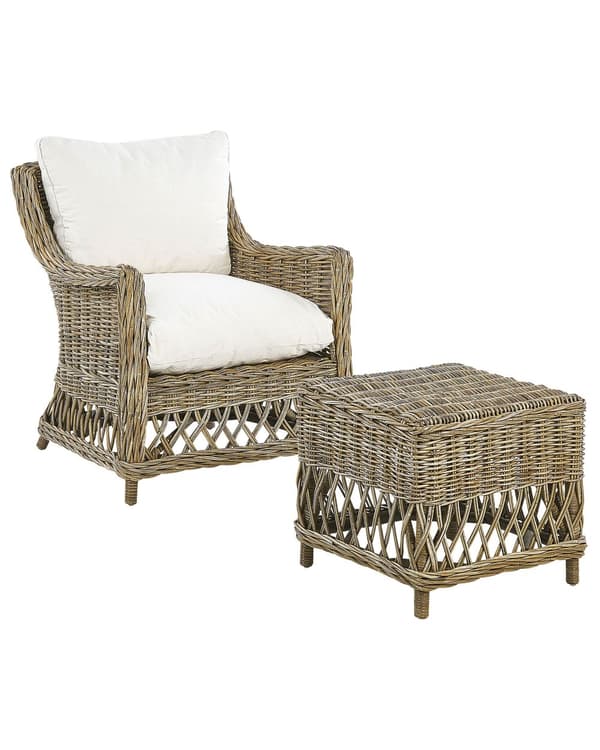 Havestol Beige Natur Rattan Træ Flettet Havelænestol med Fodskammel Hynder UV Bestandig Loungestol Udendørs til Terrasse Stue