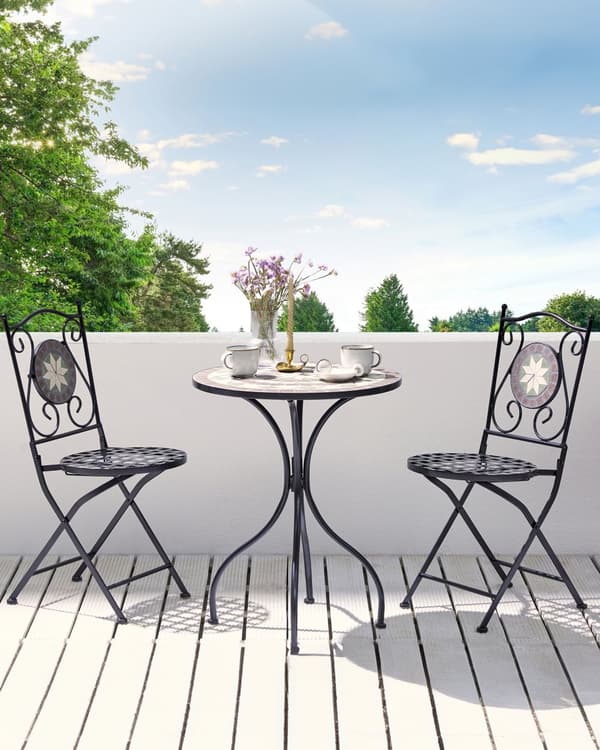 2 st Trädgårdsstolar Svart Metall Hopfällbara Ryggstöd Mosaik mönster Vintage Stil