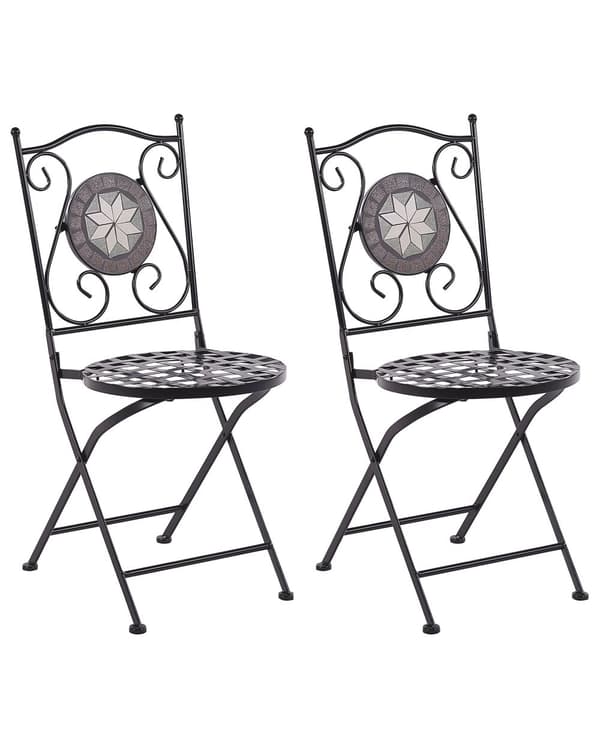 2 st Trädgårdsstolar Svart Metall Hopfällbara Ryggstöd Mosaik mönster Vintage Stil