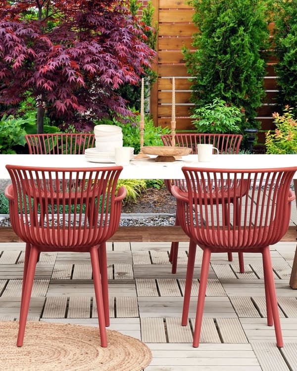 Havestole Rød Plastik Polypropylen Sæt 4 stk Stabelstole med Armlæn Lamel Høj Ryg Spisebordstole til Spisestue Køkken Terrasse Have