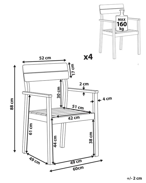 Havestole Lyst Akacietræ Sæt 88 x 52 x 60 cm Stole med Arm til Have Terrasse Altan Udendørs Rustik stil Vejr Bestandig UV og Regn