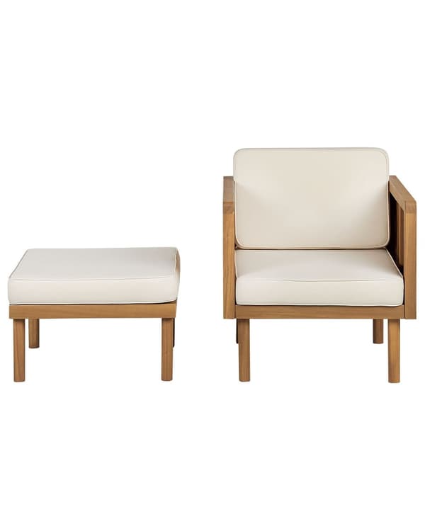 Trädgårdsfåtölj Akaciaträ med Fotstöd Polyester Sits Rygg Ljusbeige Kuddar Inomhus Utomhus