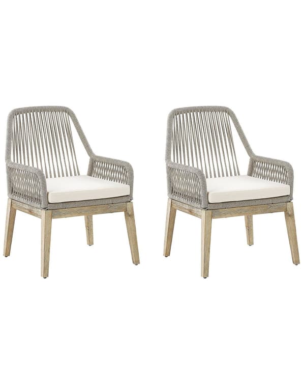 Sett med 2 utendørs spisestoler Beige Polypropylen Stålramme Ben i lyst akasietre Sitteputer Korgstol Moderne design Hagemøbler