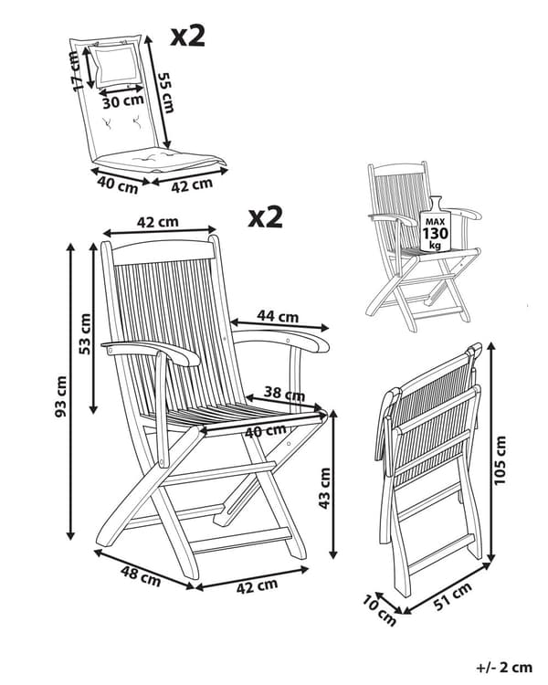 Sett med 2 hagespisestoler i lyst tre med hvit pute Akasietræramme Sammenleggbar rustikk design