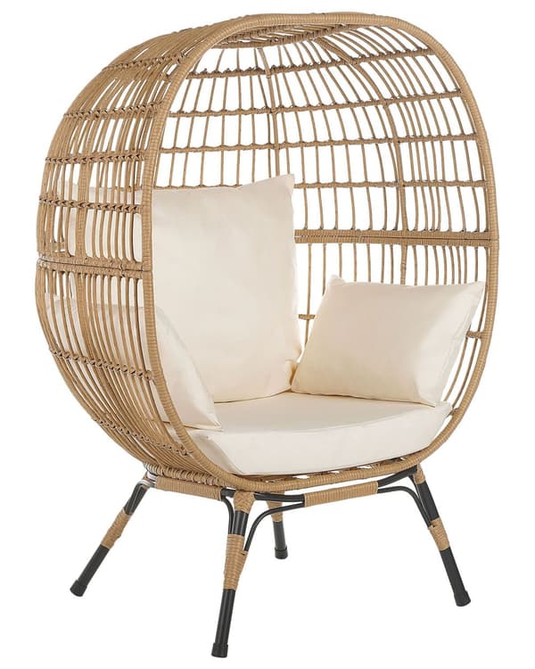Kurvstol Rotting Naturlig Farge Svart Jernben Beige Sitteputer Høyt ryggstøtte Benhetter Boho Cocoon Hage Terrasse Stue