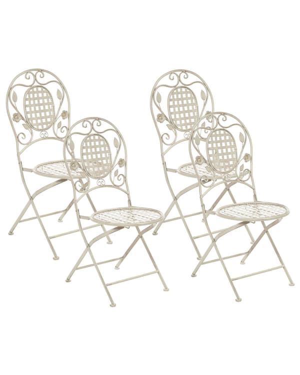 Sett med 4 Hagestoler Off-White Jern Sammenleggbar Distressed Metall Utendørs UV Rustmotstand Fransk Retro Stil