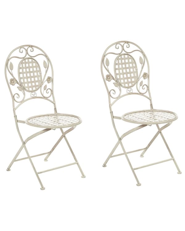 Sett med 2 Hagestoler Off-White Jern Sammenleggbar Distressed Metall Utendørs UV Rustmotstand Fransk Retro Stil