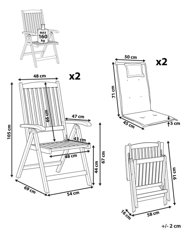 Sett med 2 Hagestoler Lyst Akasietre med Puter Off-white Sammenleggbar UV-bestandig Rustikk Stil