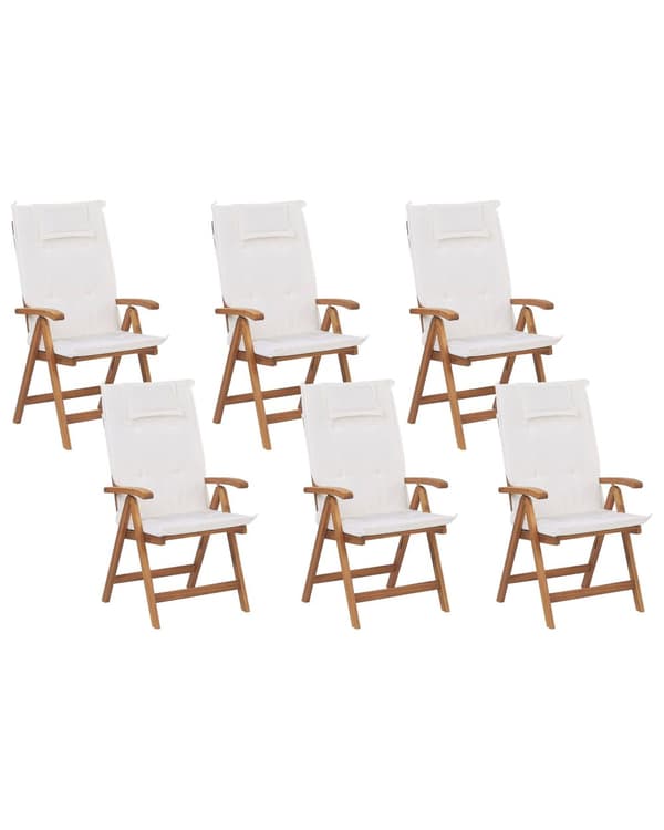 Sett med 6 Hagestoler Lyst Akasietre med Puter Off-white Sammenleggbar UV-bestandig Rustikk Stil