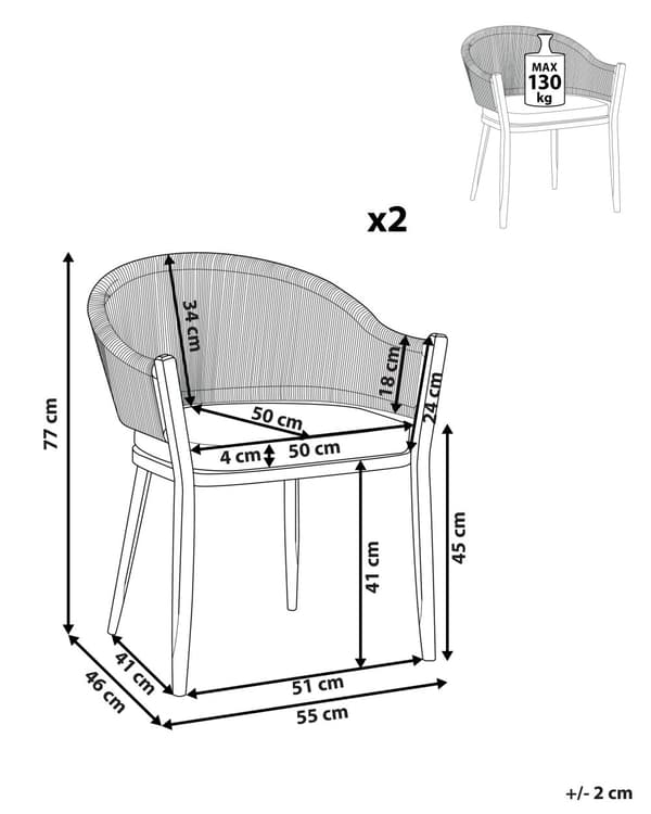Sett med 2 hagespisestoler med grå metallramme og puter Moderne design med taufletting